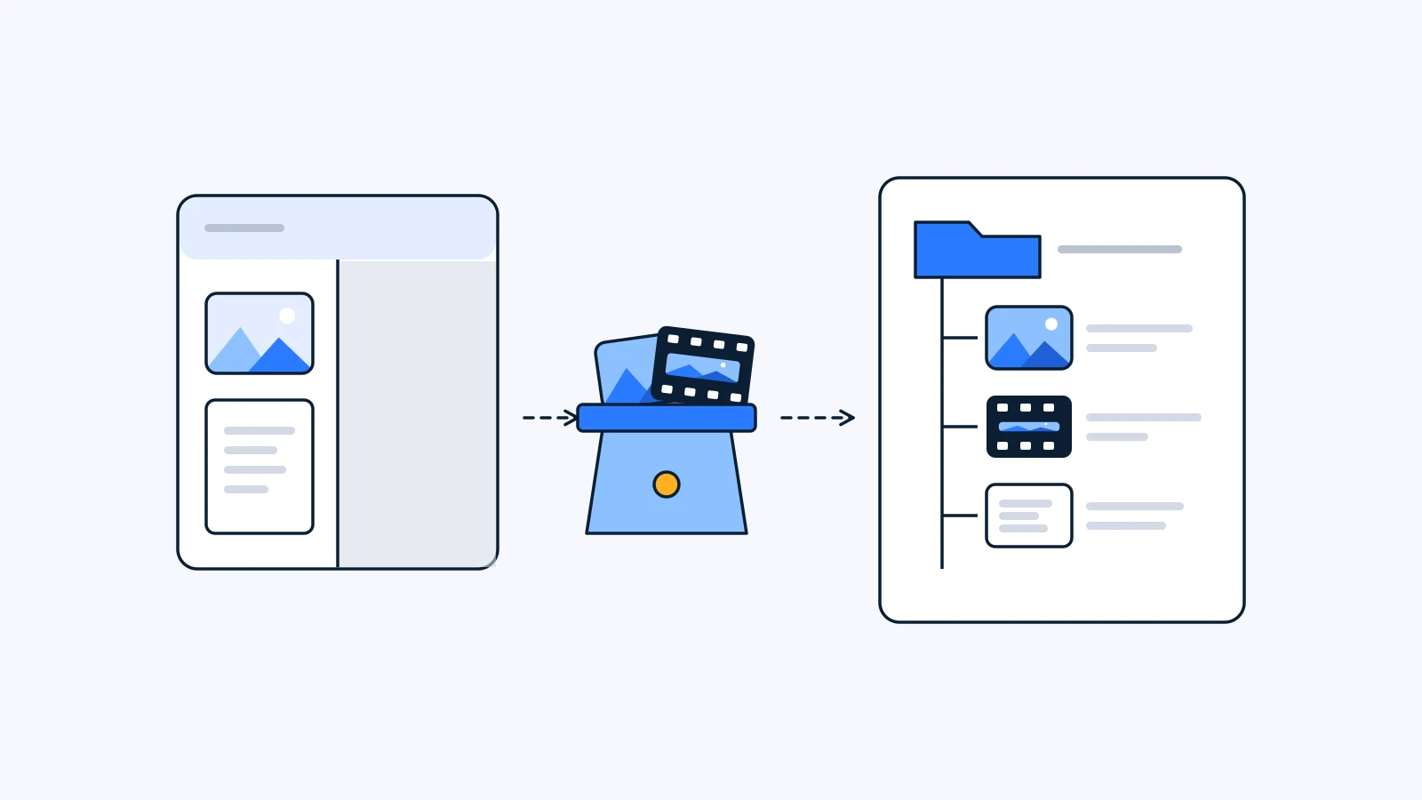 Cards packed into a box from a closing app window and moved into an open project folder tree