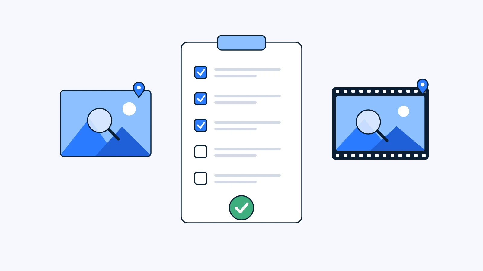 A clipboard checklist between an image card and a video frame, each inspected with a magnifier and a pin, with a green approval check