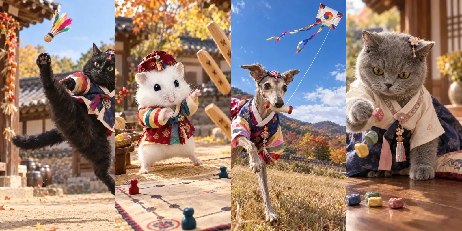 Four pets in hanbok playing Chuseok games: a black cat leaping for a jegi, a hamster throwing yut sticks, an Italian greyhound running with a kite, and a gray cat tossing gonggi stones