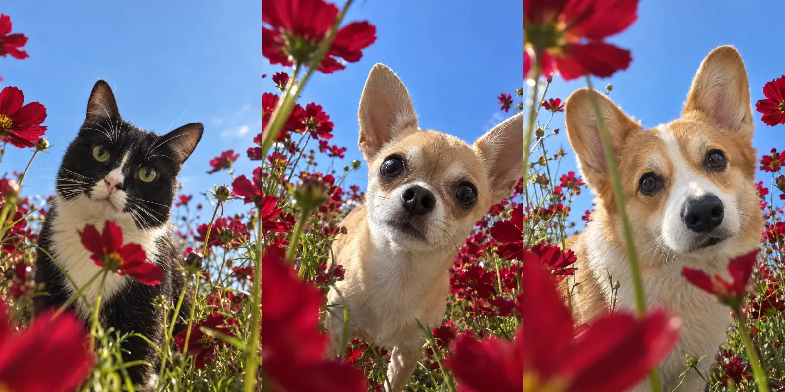 A tuxedo cat, a chihuahua, and a corgi photographed from ground level in a field of deep red cosmos under a blue sky