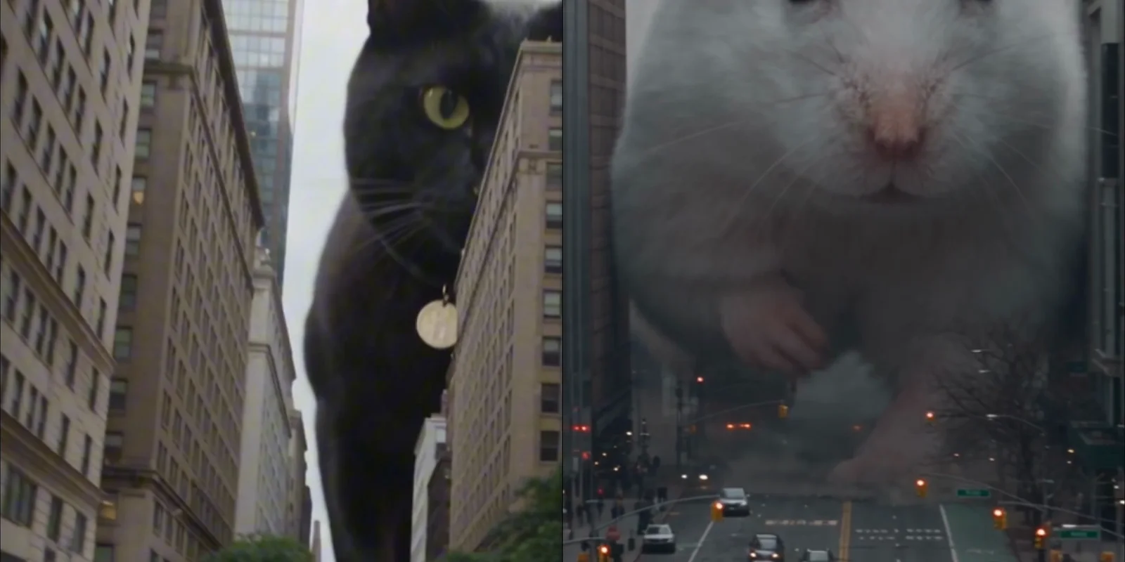 Two frames side by side: a giant black cat with a collar tag walking between skyscrapers, and a giant white hamster looming over a city avenue