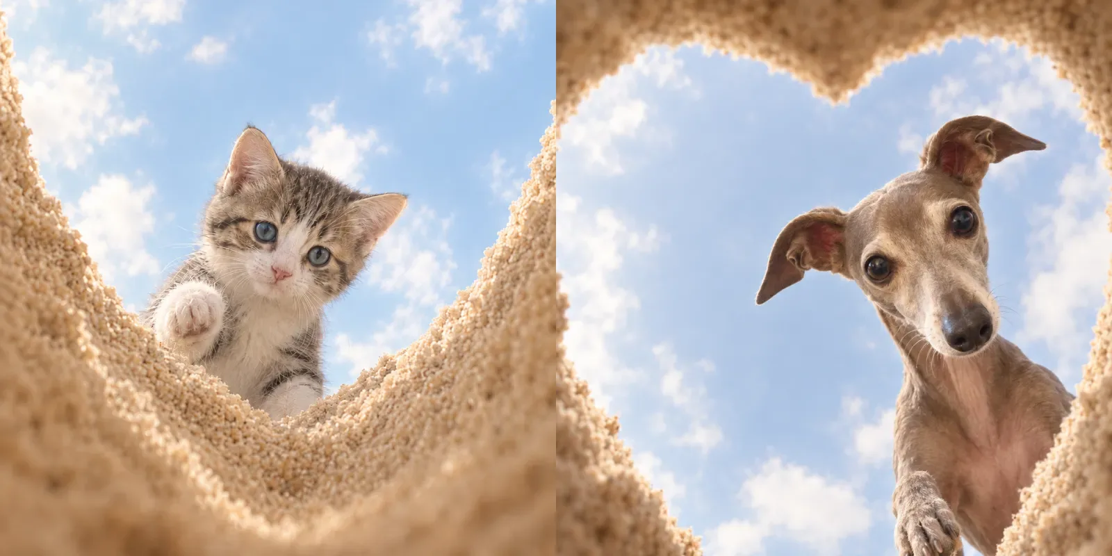 A kitten and an Italian greyhound peering down into a heart-shaped hole in the sand, seen from the bottom of the hole against a soft blue sky