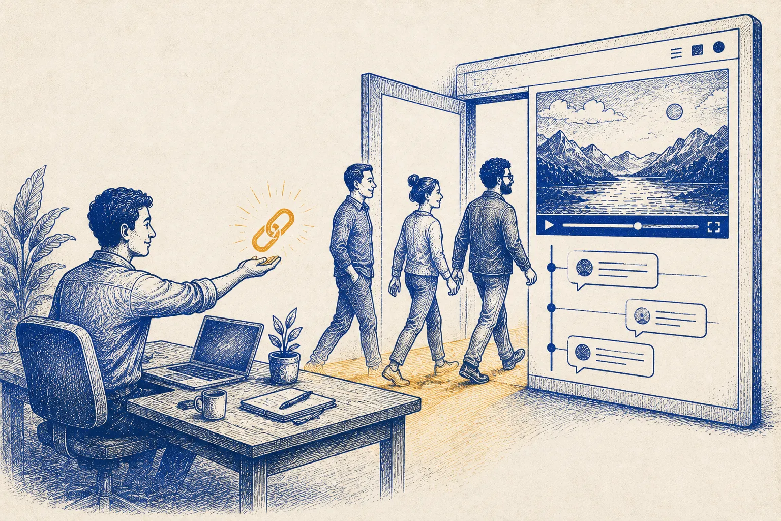 A creator at a desk hands a glowing access link to three external clients who walk through an open doorway into a video review interface with a player and comment threads, no login required