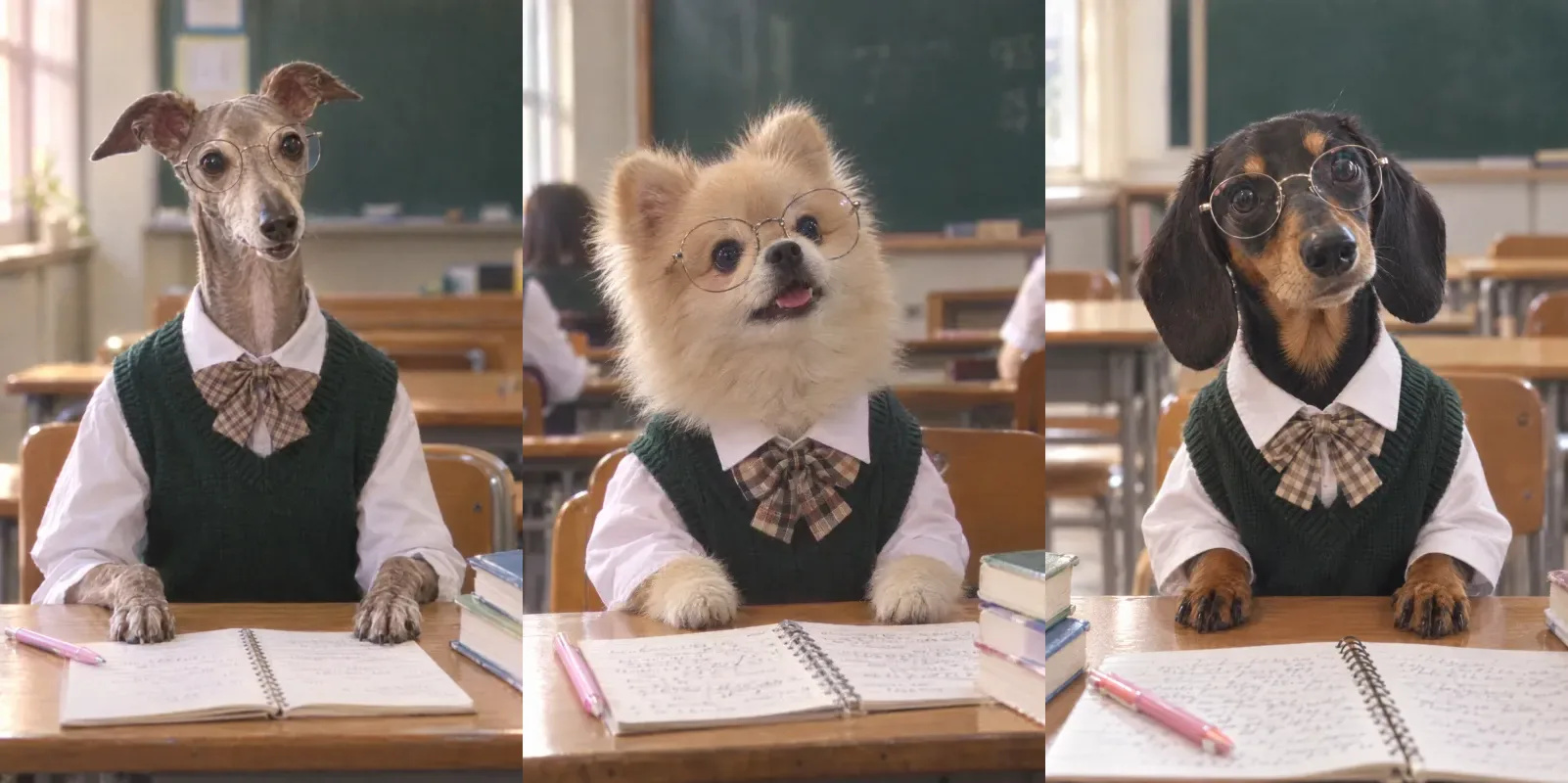 Three dogs as early-2000s K-drama students: an Italian greyhound, a Pomeranian, and a dachshund at classroom desks