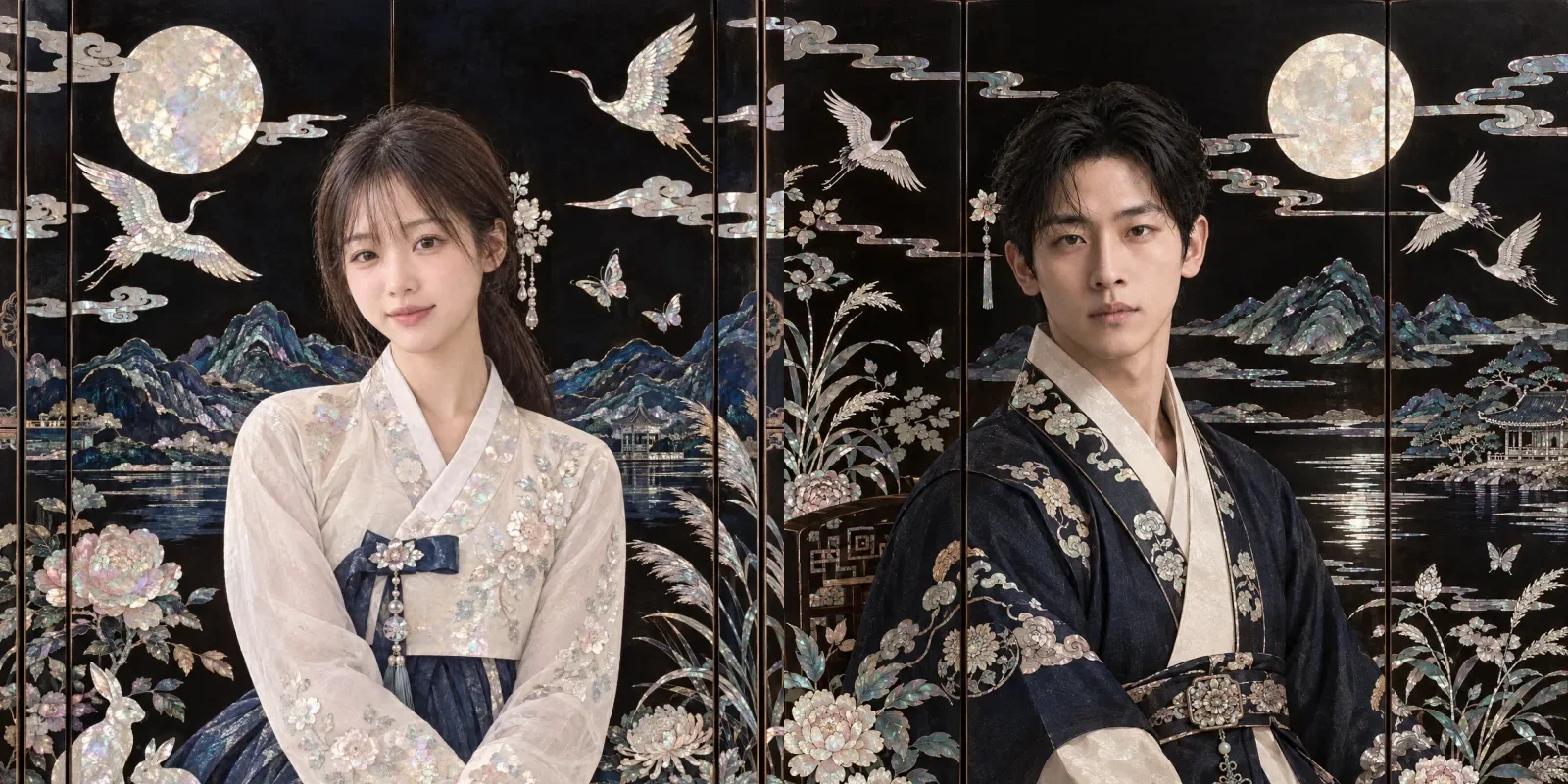 Two portraits set inside a black lacquered mother-of-pearl folding screen with a full moon and cranes: a smiling woman in an ivory and navy hanbok, and a man in a dark navy robe