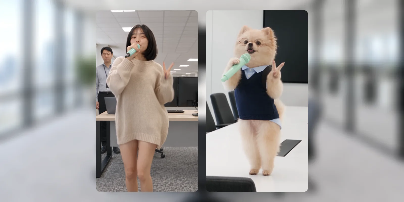 Two vertical frames side by side: a woman in a beige sweater dancing with a mint microphone in an office, and a Pomeranian in glasses and a navy vest doing the same pose on a meeting-room table