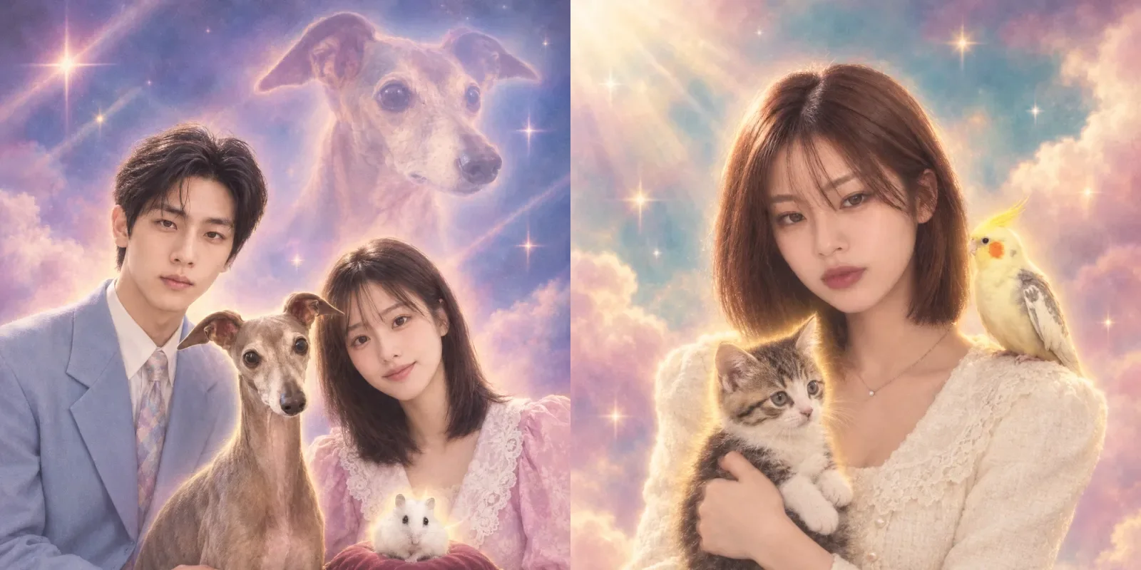 Kitschy retro photo-studio composites: a couple with an Italian greyhound and a hamster under a giant floating greyhound face, and a woman holding a kitten with a cockatiel on her shoulder against pastel clouds