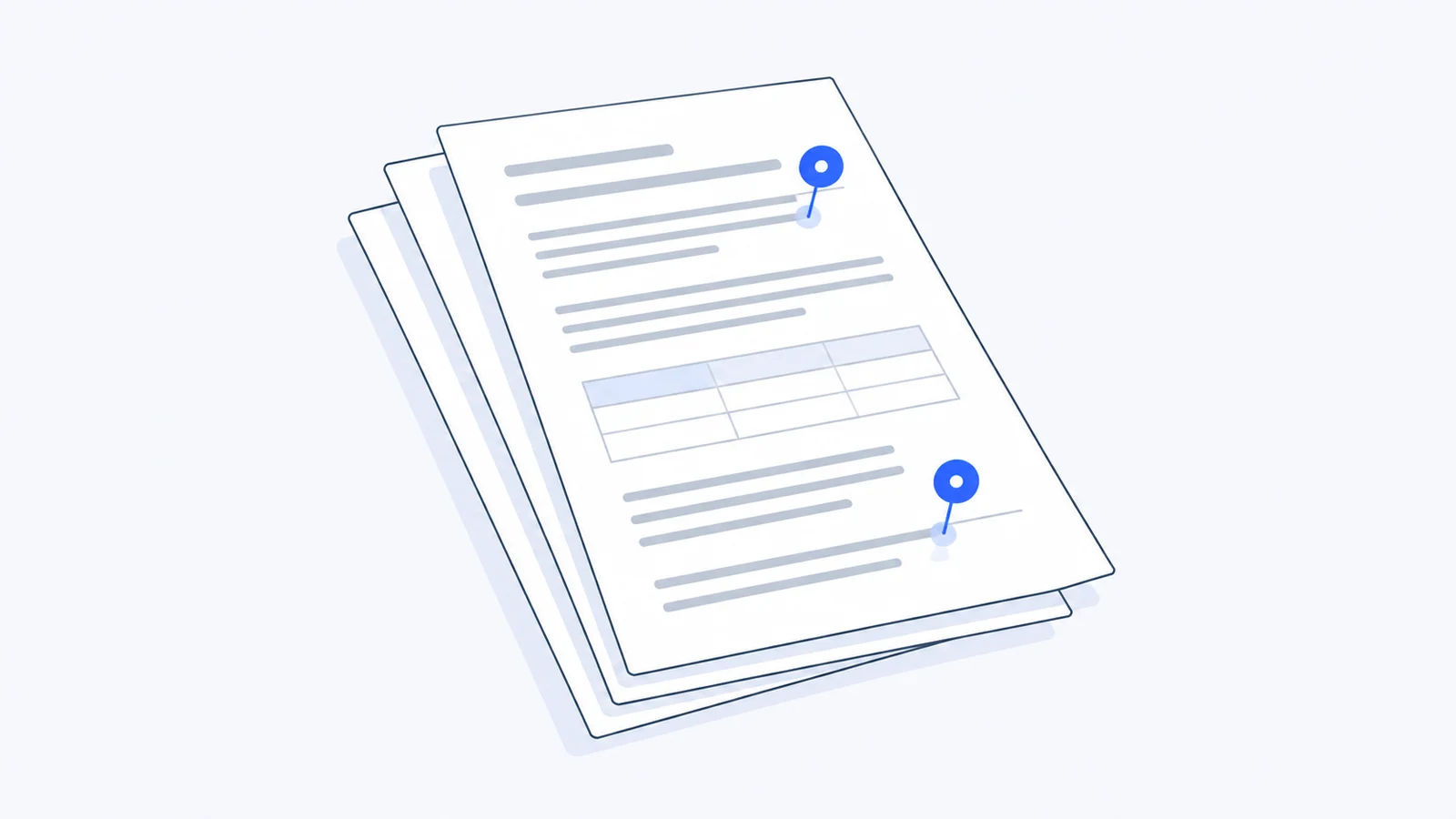 Document pages with blue comment pins attached to specific spots