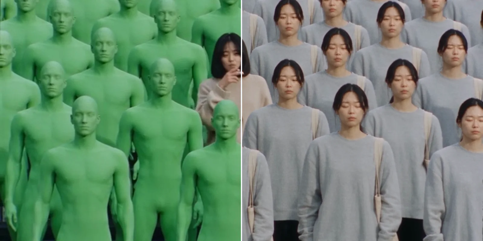 The same frame split in two: on the left a crowd of green chroma-key figures around a woman in a beige sweater, on the right the crowd replaced by identical women in gray sweatshirts