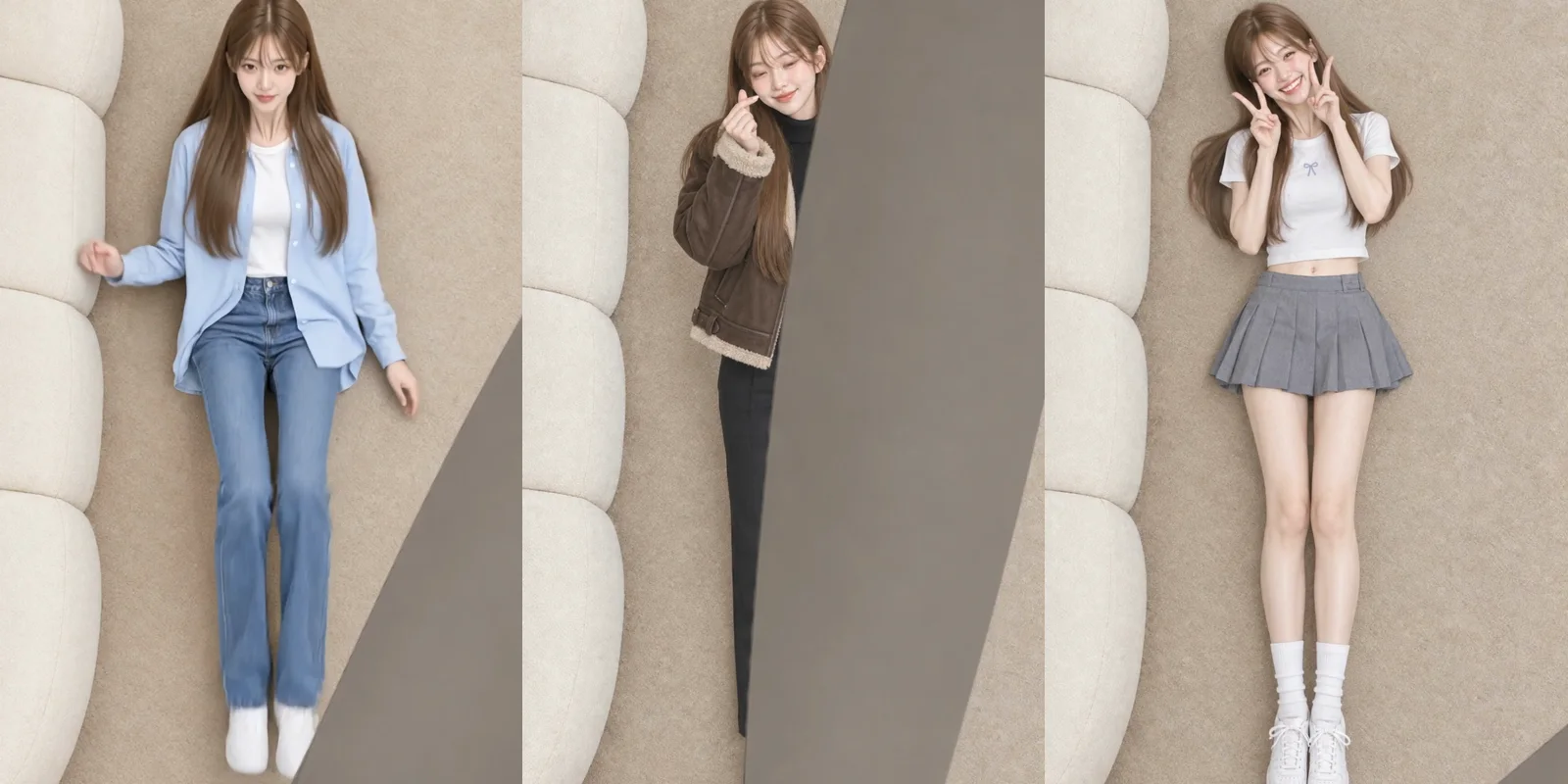 Three vertical frames from the finished short: a woman in a light blue shirt jacket and jeans lying on a beige carpet, a ceiling fan blade sweeping across her as the outfit changes to a brown shearling jacket, and the last look, a white crop tee and gray pleated mini skirt with a V sign