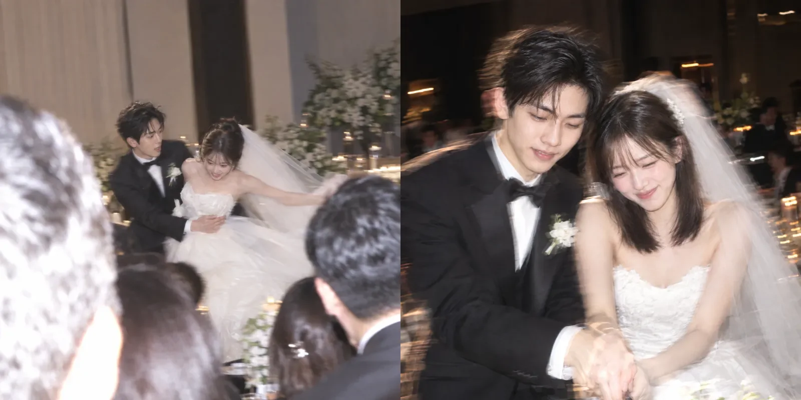 Two wedding reception frames: a groom catching a bride who nearly trips, seen past the heads of seated guests, and the couple cutting the cake
