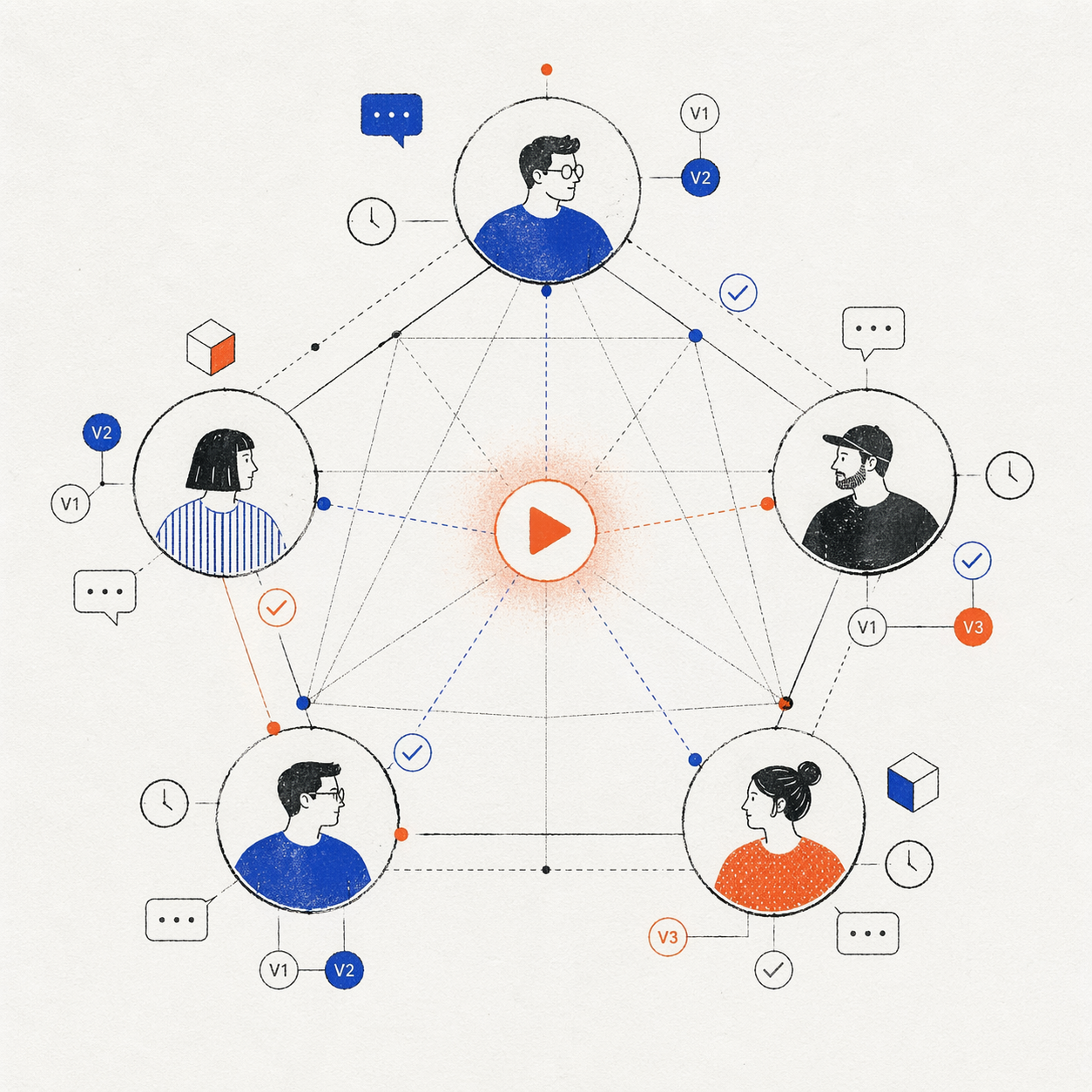 Five team members collaborating on video review with version control, comments, and approval workflow in a connected network diagram