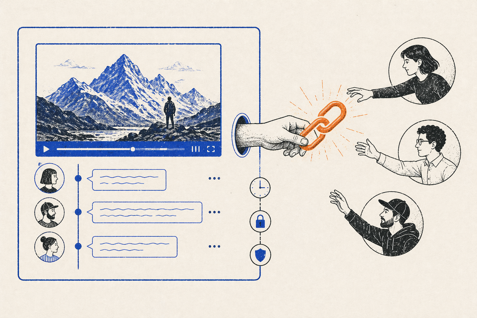 Secure guest access for video review showing three external stakeholders receiving a shared link to view and comment on a video with time-limited access and security controls
