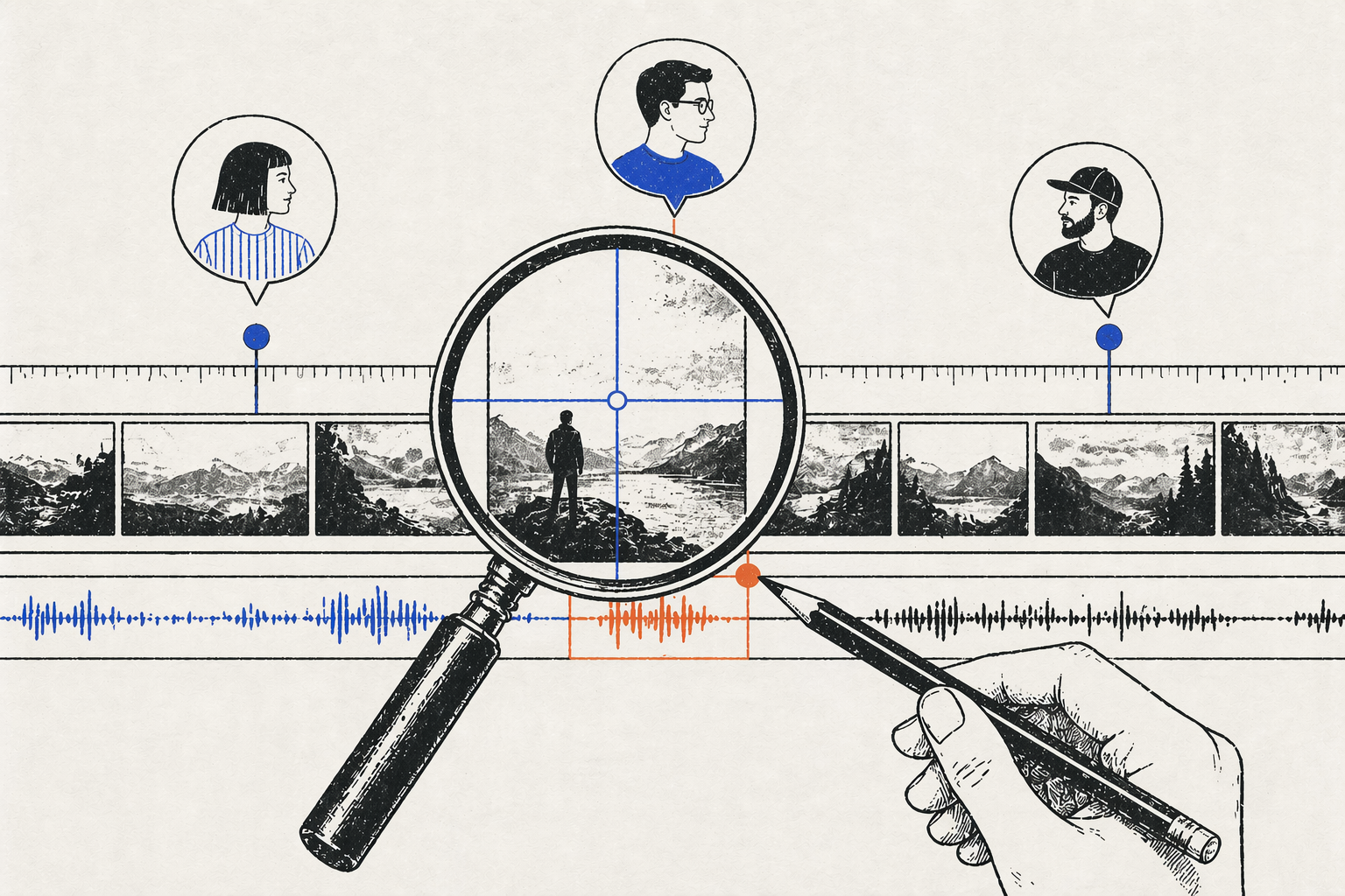 Three team members leaving timestamped comments on a video timeline with frame-accurate feedback using magnified frame view and audio waveform tracks