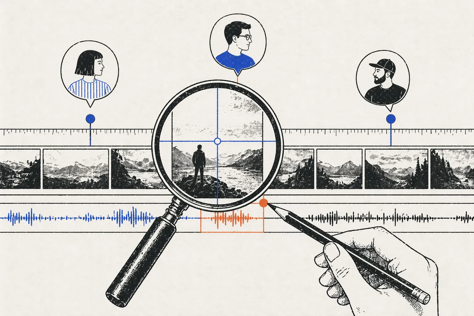 Three team members leaving timestamped comments on a video timeline with frame-accurate feedback using magnified frame view and audio waveform tracks