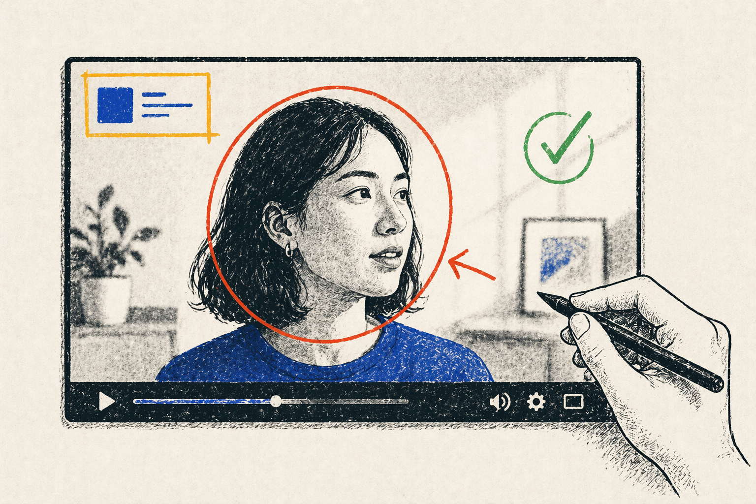 Video frame annotation showing hand-drawn circle, arrow markup, text label, and approval checkmark drawn directly on a video player for frame-level feedback