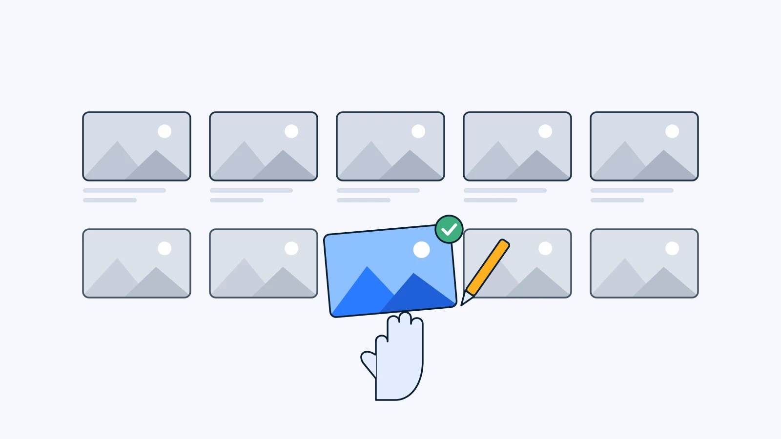 Rows of identical gray thumbnails, with a hand lifting one card that has been reworked in blue, next to a pencil and a check