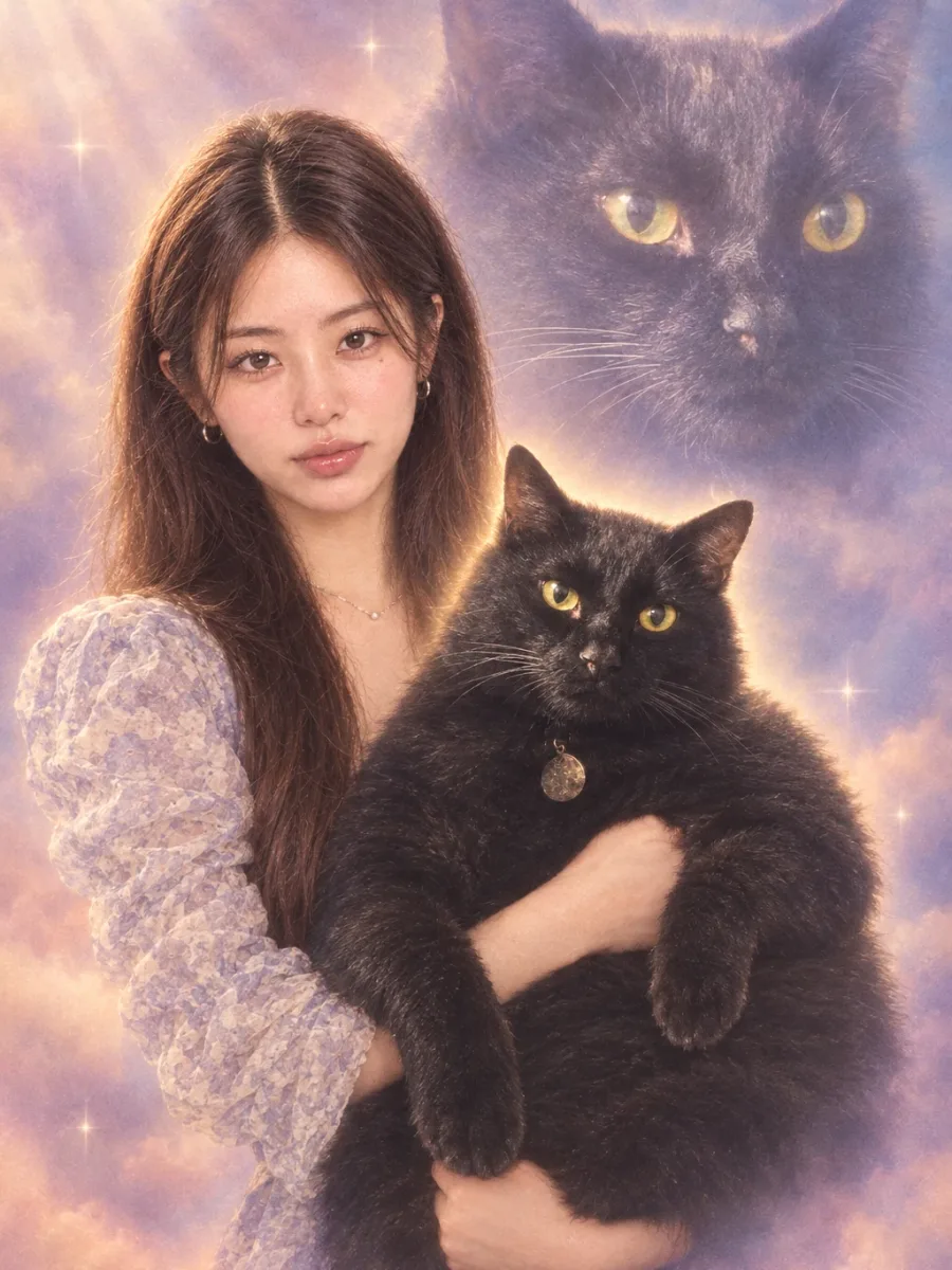 Result · Upper body, formally holding a black cat