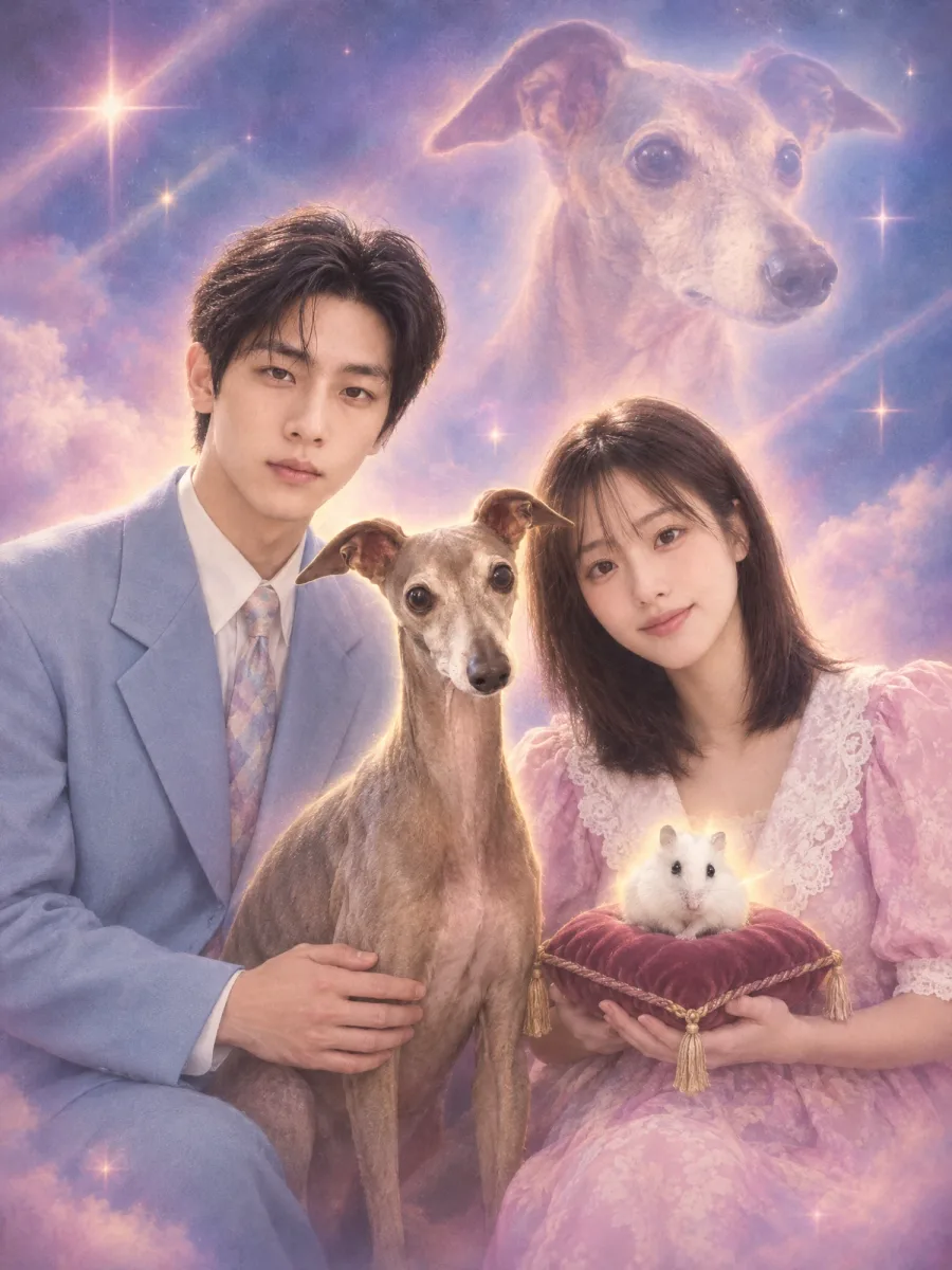 A couple with a greyhound and a hamster in a retro studio portrait, a giant dog face floating behind them