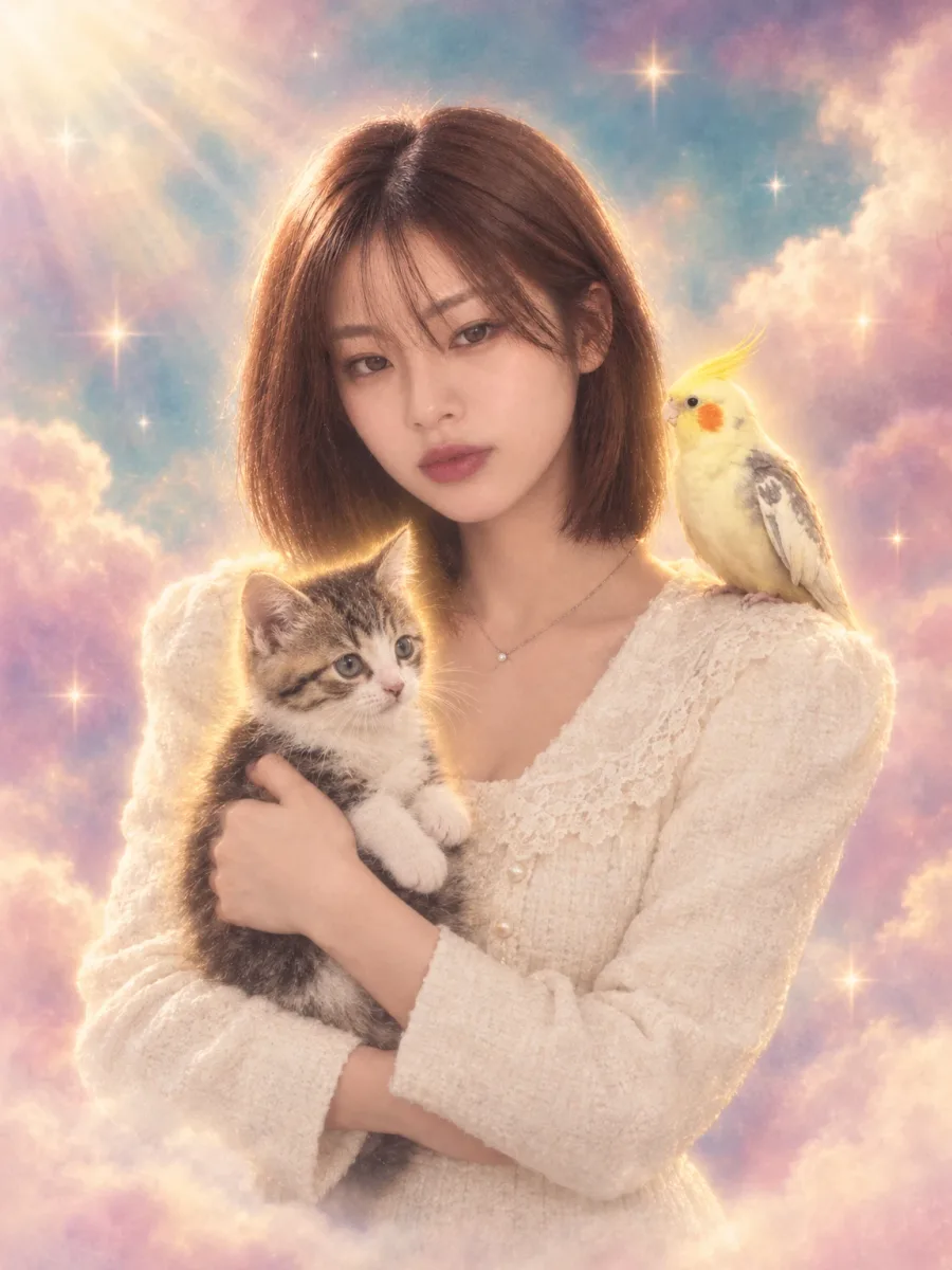 Result · A kitten, a cockatiel, and heavenly clouds