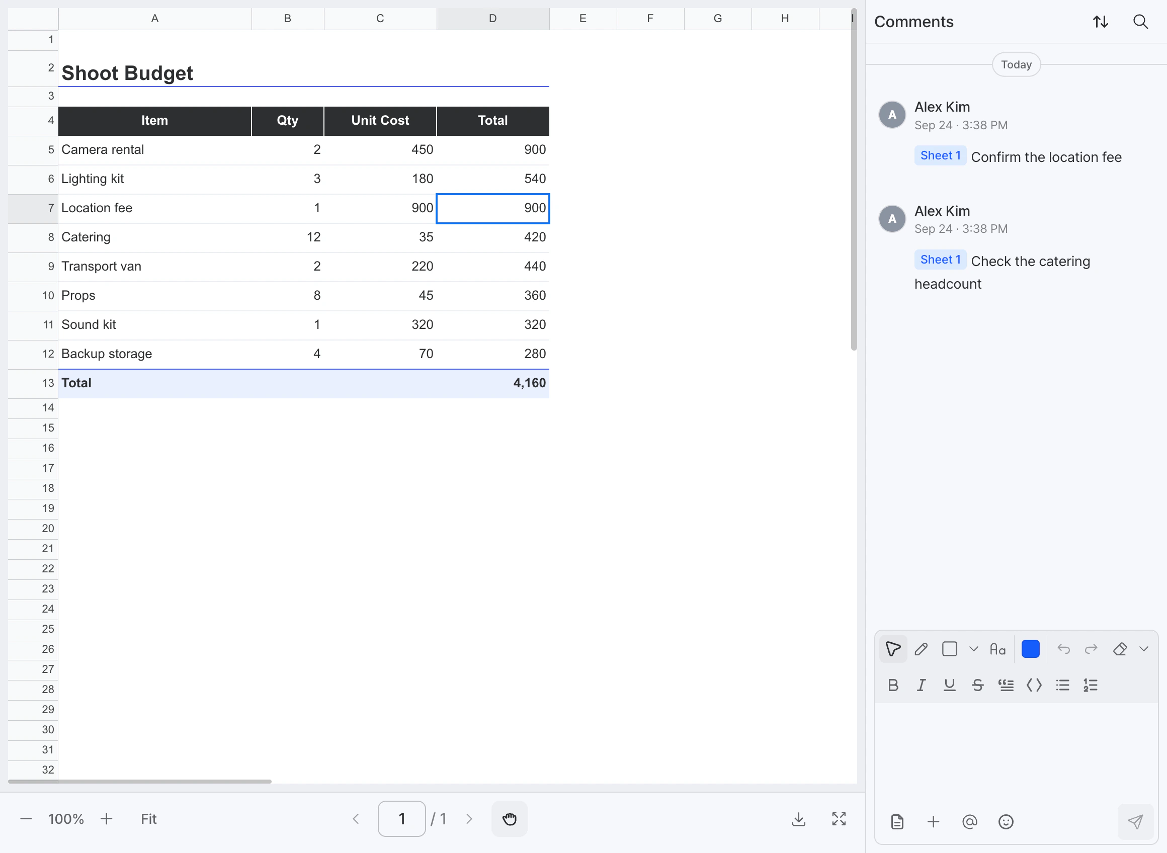 A shoot budget spreadsheet in YouViCo with a comment attached to cell D7