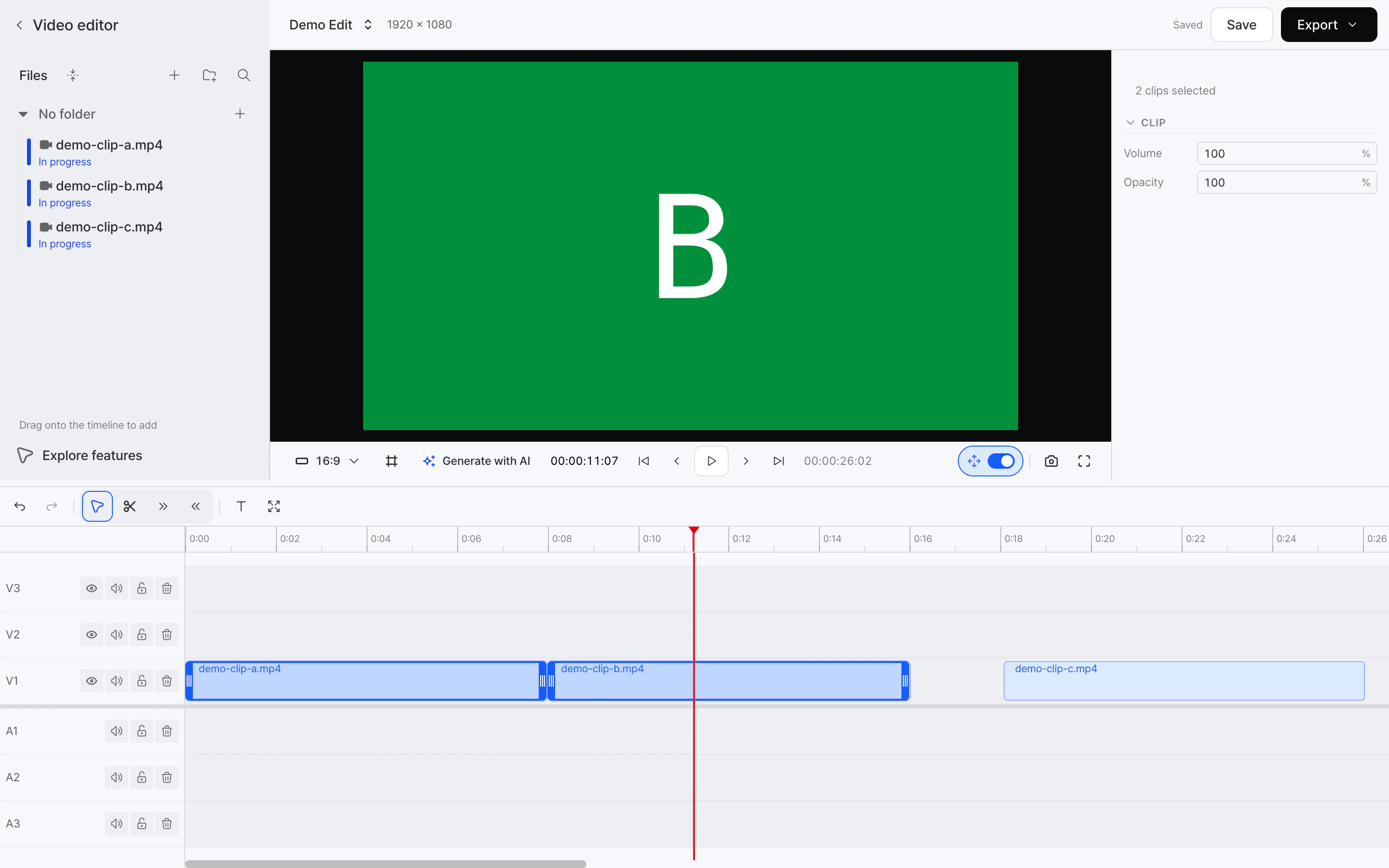 Two clips selected on the YouViCo timeline, with "2 clips selected" shown in the side panel