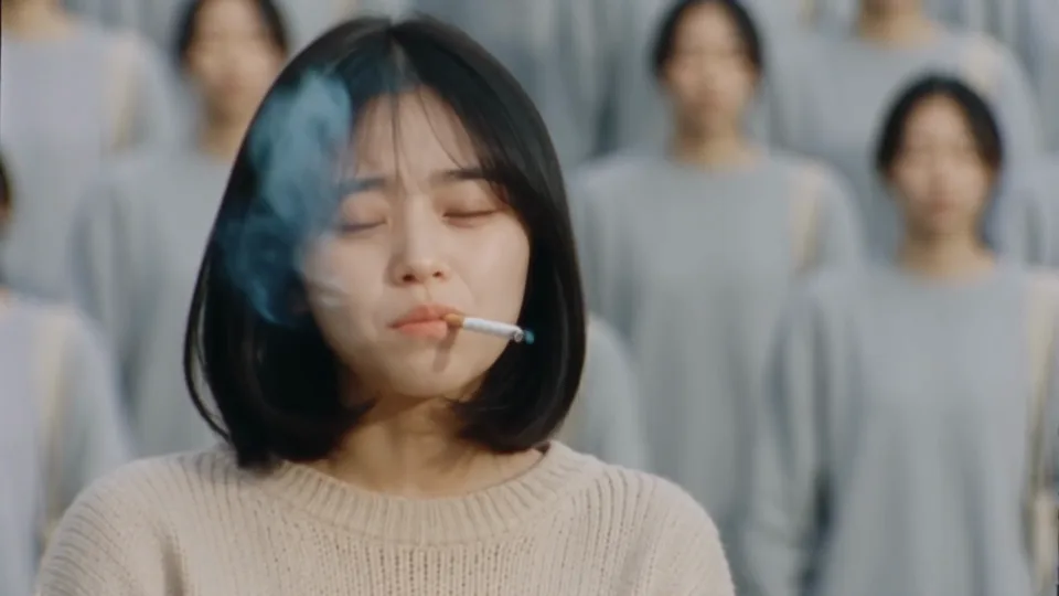 Result · The opening close-up. The smoke and the expression carry over.