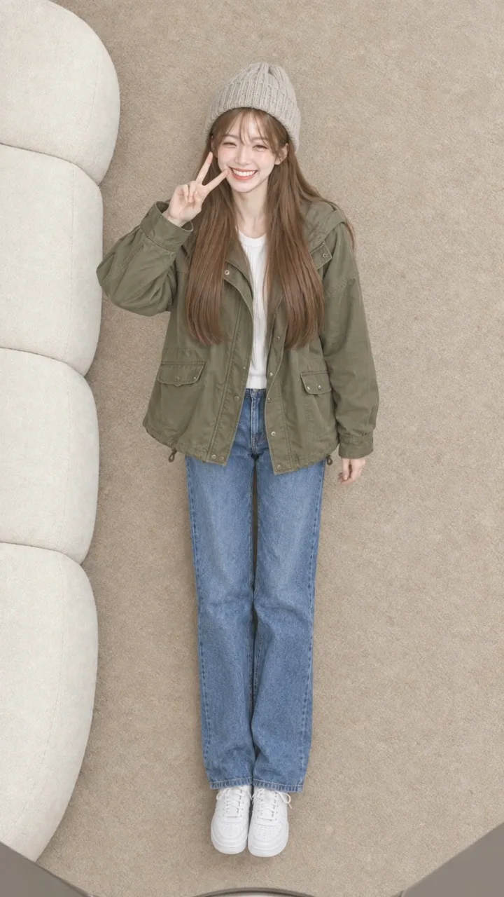 Result · Look 2. Field jacket, beanie, and wide denim.