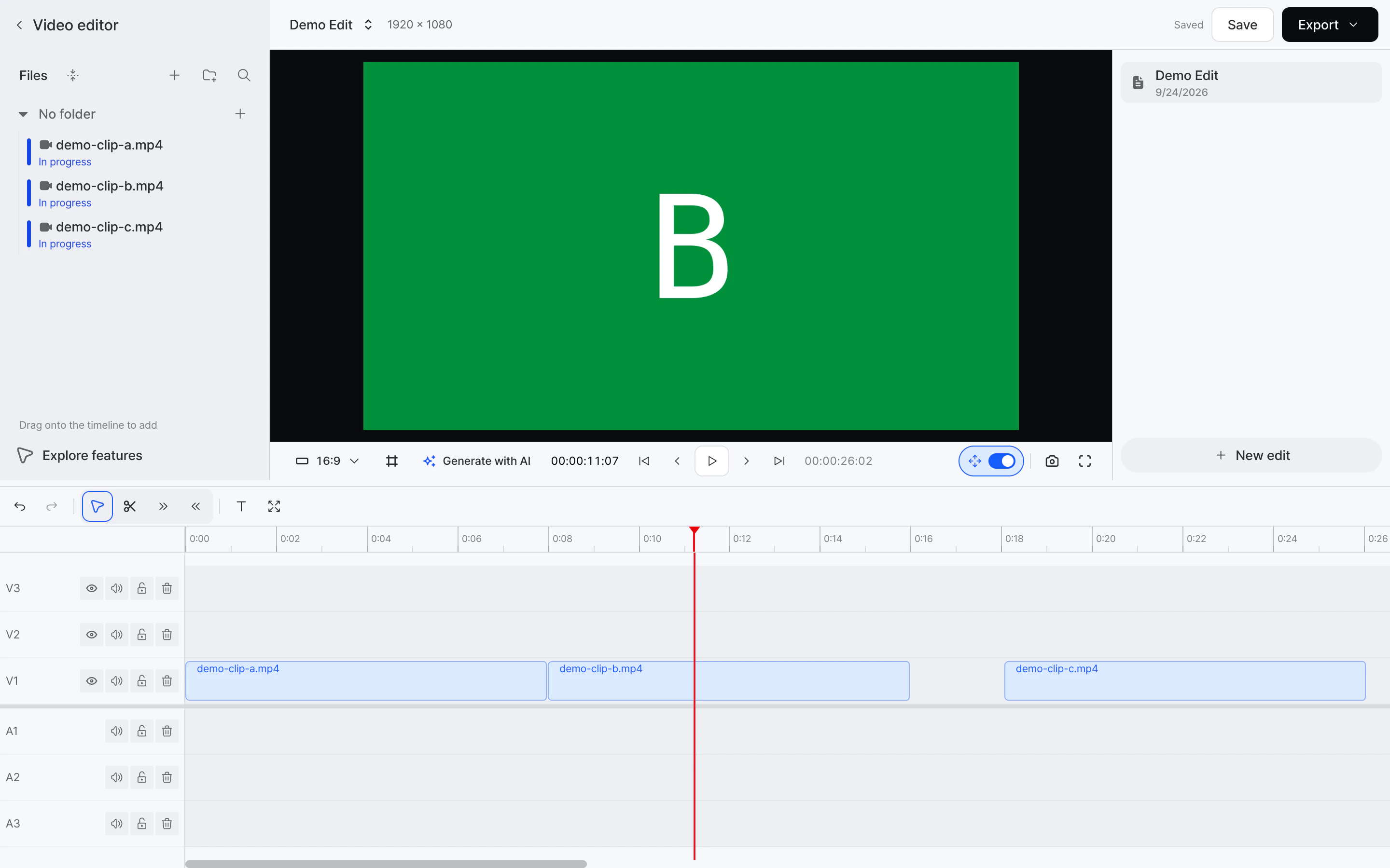 YouViCo's browser video editor with clips on a multi-track timeline