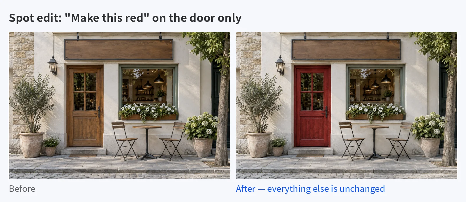 A cafe storefront before and after a spot edit: only the door changed from wood to red